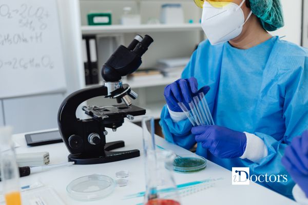 Ricercatrice in laboratorio durante l'analisi di campioni per test genetici oncologici.