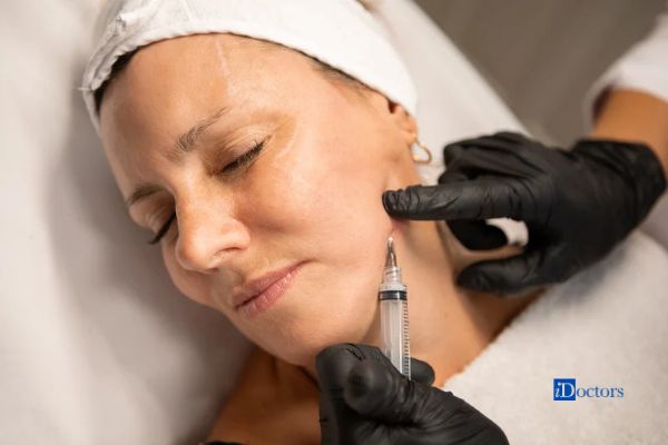 Biostimolazione cutanea intradermica del viso con microiniezione nella zona della guancia di una paziente.