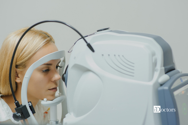 Una paziente sta eseguendo la tomografia a coerenza ottica.