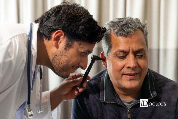 medico esegue valutazione otorinolaringoiatrica prima del lavaggio auricolare