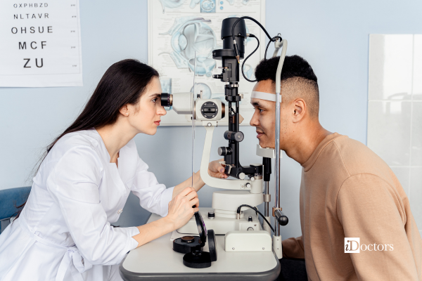 Una visita oculistica con valutazione della vista attraverso la lampada a fessura.
