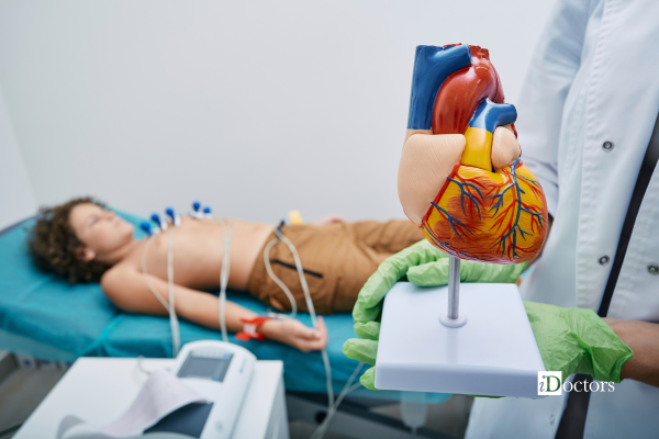 Un medico tiene in mano un modellino di un cuore e dietro c'è un paziente con gli elettrodi attaccati al corpo.