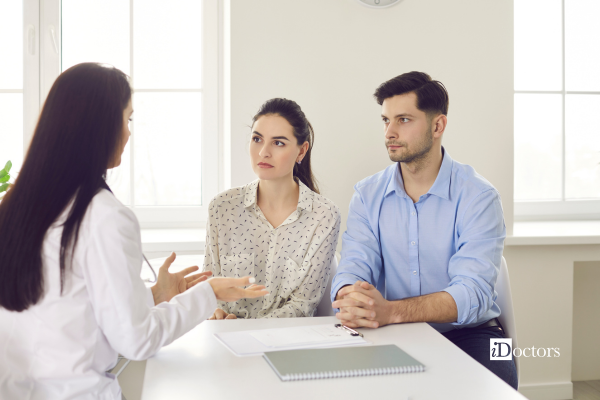 Consulenza per la fertilità con una coppia durante il colloquio con la specialista.