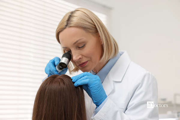 Dottoressa che effettua una visita specialistica ai capelli di una paziente.