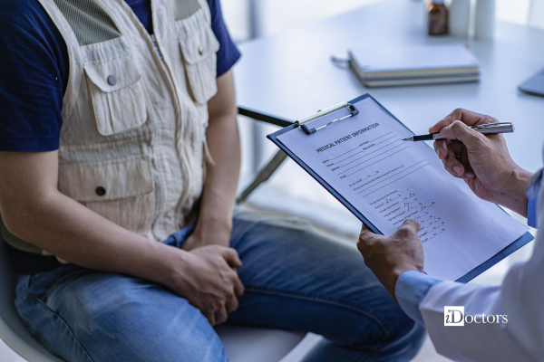Paziente seduto su un lettino con le mani unite verso il basso con di fronte il medico con la cartella clinica.