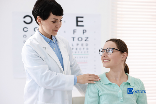 Medico che sta valutando la capacità visiva di una paziente con gli occhiali.
