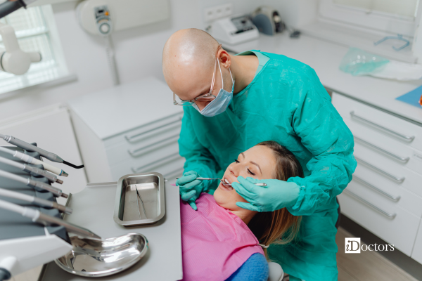 Odontoiatra durante una visita parodontale, mentre esamina i denti e le gengive di una paziente.