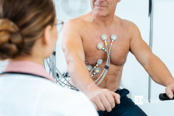 paziente esegue ecg con prova da sforzo su cyclette