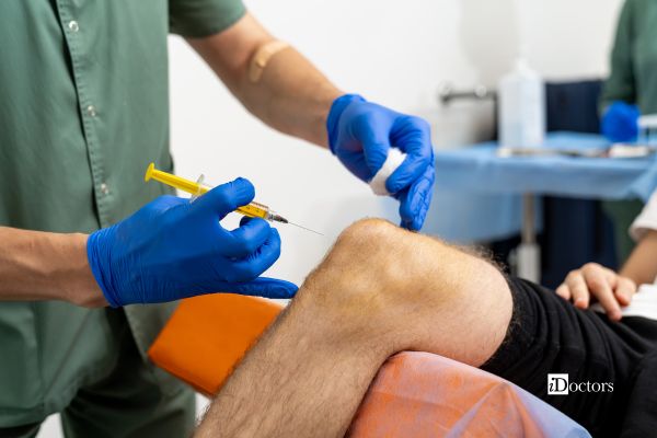 medico esegue l'artrocentesi al ginocchio di un paziente