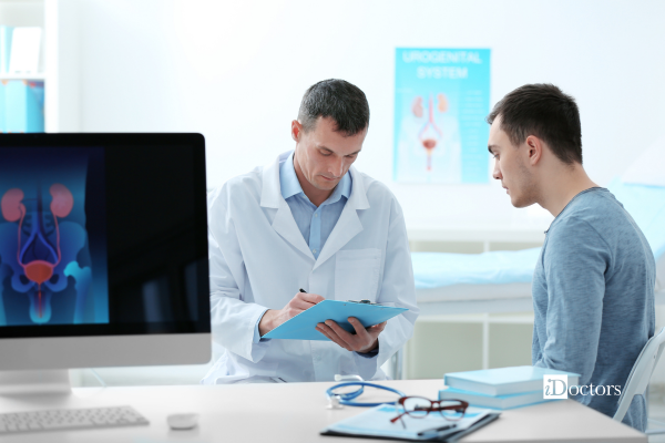 Un medico valuta un giovane paziente durante una visita specialistica, in un ambiente ambulatoriale dedicato alla salute dell’apparato urogenitale.