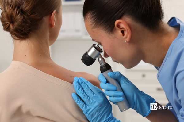Controllo dermatologico di un neo con dermatoscopio durante la visita specialistica.