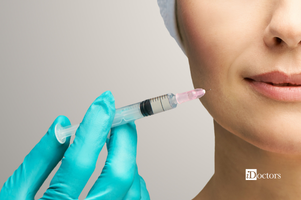 Un medico esegue un’iniezione estetica nella zona del viso.