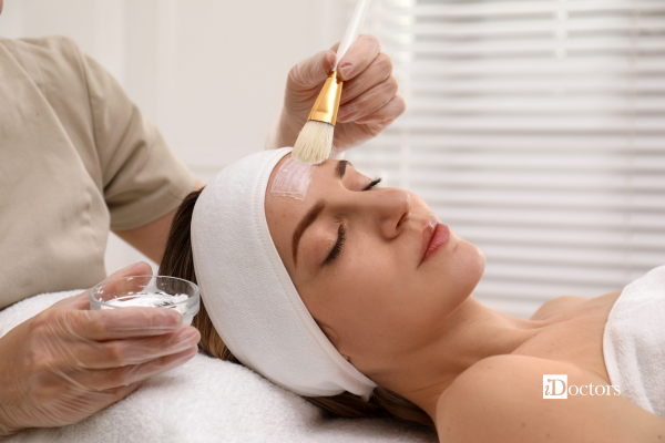 Applicazione di un prodotto esfoliante con un pennello sul viso di una paziente durante una seduta di soft peeling.