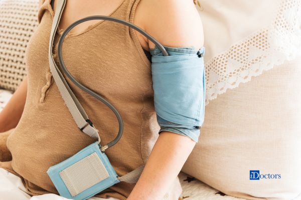 Paziente che esegue monitoraggio della pressione arteriosa 24h (holter pressorio)
