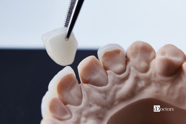 Corona in ceramica sorretta da una pinzetta sopra un dente.