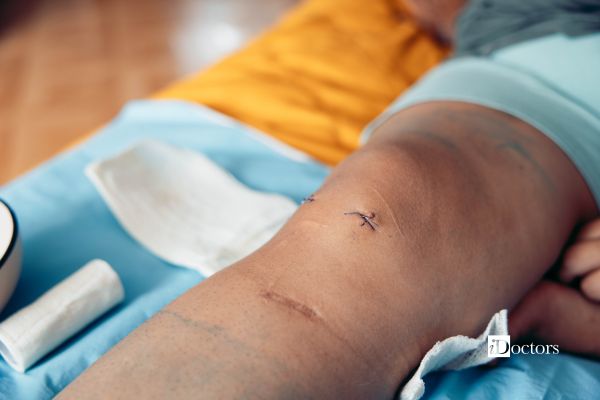 Professionista sanitario effettua la medicazione ortopedica alla gamba del paziente