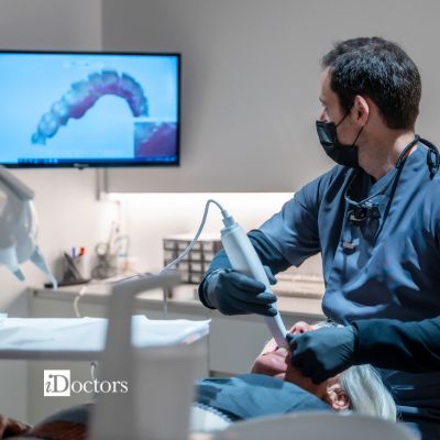 Odontoiatra che realizza un full endorale RX, posizionando il sensore radiografico nella bocca del paziente.