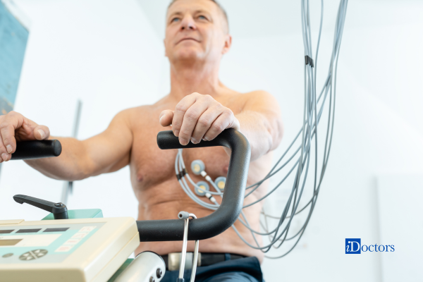 Un uomo sopra i 40 anni esegue un test da sforzo su cyclette con monitoraggio elettrocardiografico.