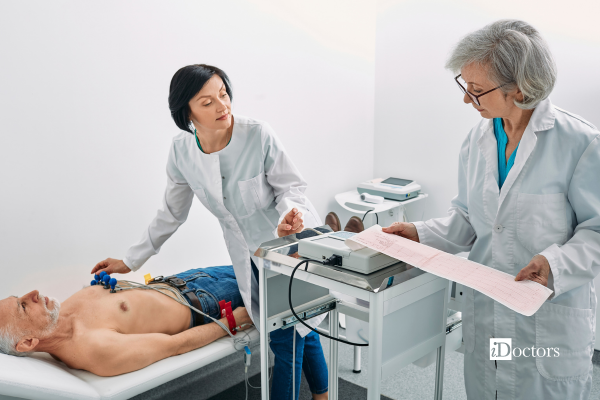 Paziente sdraiato su un lettino che sta effettuando un ECG durante una visita specialistica.