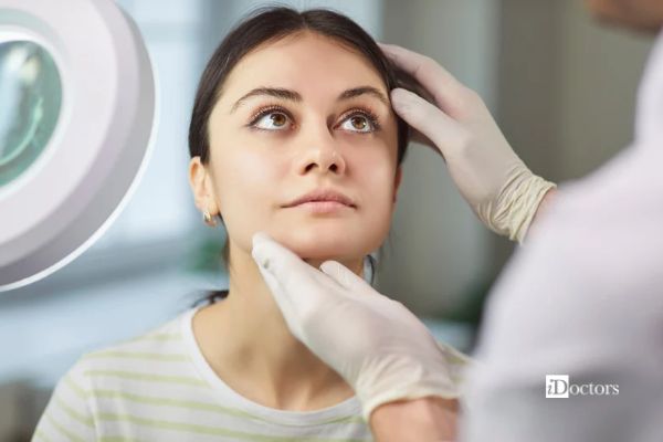 Specialista esamina il viso di una paziente durante una visita di chirurgia estetica.